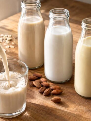 A close-up of three unlabeled glass bottles containing different types of plant-based milk, including beige oat milk, white almond milk, and pale golden milk, arranged on a warm wooden kitchen counter. One bottle is tilted and pouring milk into a clear glass, while rolled oats, whole almonds, shredded coconut, a whole coconut, fresh herbs, and a linen cloth surround the bottles in soft natural window light.