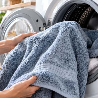 Person removing a blue bath towel from a front-loading washing machine in a bright, natural-light laundry room.