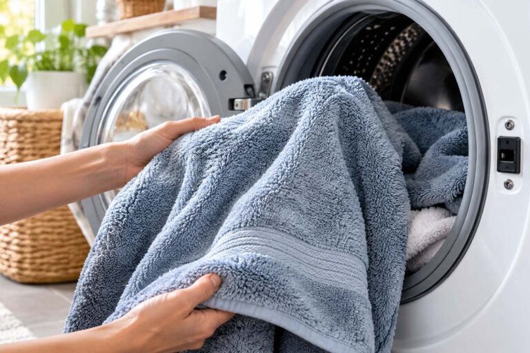 Person removing a blue bath towel from a front-loading washing machine in a bright, natural-light laundry room.
