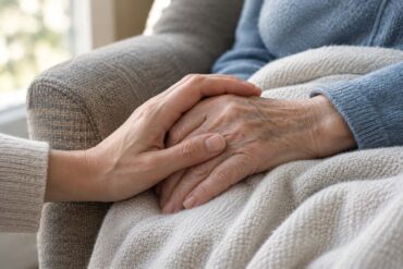 An older person’s hand rests beneath a younger adult’s hand on a soft cream blanket, conveying comfort, care, and family connection.