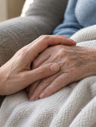 An older person’s hand rests beneath a younger adult’s hand on a soft cream blanket, conveying comfort, care, and family connection.