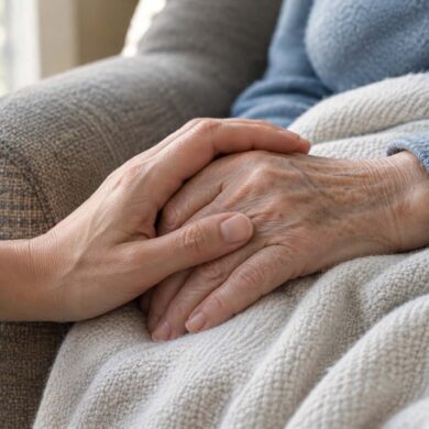 An older person’s hand rests beneath a younger adult’s hand on a soft cream blanket, conveying comfort, care, and family connection.