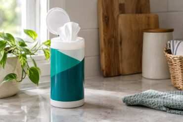 container of disinfecting wipes sits on a light stone countertop with its lid open and a white wipe pulled upward. Natural sunlight enters from a nearby window, with a potted green plant, wooden cutting boards, a ceramic container, woven basket, and folded green towel arranged around the container