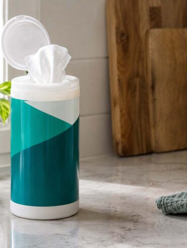 container of disinfecting wipes sits on a light stone countertop with its lid open and a white wipe pulled upward. Natural sunlight enters from a nearby window, with a potted green plant, wooden cutting boards, a ceramic container, woven basket, and folded green towel arranged around the container