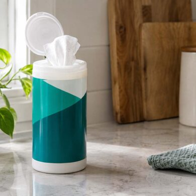 container of disinfecting wipes sits on a light stone countertop with its lid open and a white wipe pulled upward. Natural sunlight enters from a nearby window, with a potted green plant, wooden cutting boards, a ceramic container, woven basket, and folded green towel arranged around the container
