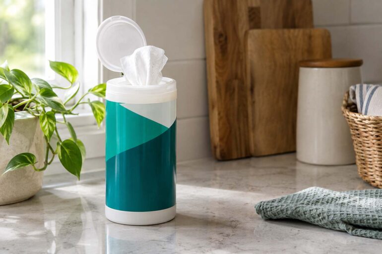 container of disinfecting wipes sits on a light stone countertop with its lid open and a white wipe pulled upward. Natural sunlight enters from a nearby window, with a potted green plant, wooden cutting boards, a ceramic container, woven basket, and folded green towel arranged around the container