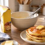 A cozy kitchen counter with an open yellow Bisquick baking mix box turned at an angle, a large bowl of pancake batter with a whisk, and a stack of golden pancakes topped with butter and syrup on a ceramic plate. A bowl of fresh berries, jars, utensils, and a folded blue-and-white kitchen towel sit in the softly blurred background