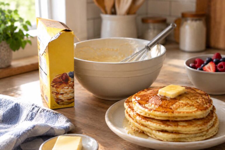 A cozy kitchen counter with an open yellow Bisquick baking mix box turned at an angle, a large bowl of pancake batter with a whisk, and a stack of golden pancakes topped with butter and syrup on a ceramic plate. A bowl of fresh berries, jars, utensils, and a folded blue-and-white kitchen towel sit in the softly blurred background