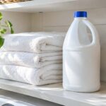 a bleach bottle on a laundry room shelf next to folded white towels
