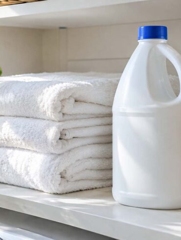 a bleach bottle on a laundry room shelf next to folded white towels