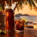 a Captain Morgan-style spiced rum bottle beside a rum and cola cocktail with a lime wedge on a tropical wooden bar, warm golden sunset lighting