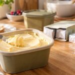 A close-up of an open rectangular tub Country Crock on a warm wooden kitchen counter, with a butter knife resting in the spread and a generous scoop lifted from the surface. In the softly blurred background are wrapped baking sticks in an open box, another covered tub of spread, a plate of toast, a bowl of berries, and baking ingredients