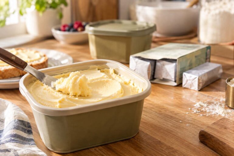 A close-up of an open rectangular tub Country Crock on a warm wooden kitchen counter, with a butter knife resting in the spread and a generous scoop lifted from the surface. In the softly blurred background are wrapped baking sticks in an open box, another covered tub of spread, a plate of toast, a bowl of berries, and baking ingredients