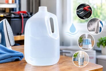 a jug of distilled water on a table with a graphic of uses - iron, drinking, battery, humidifier
