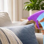Close-up of a hand holding a light-blue and purple trigger spray bottle and spraying a fine mist onto textured blue and cream couch cushions in a bright, cozy living room. A leafy houseplant, wooden side table, curtains, and sunlit window