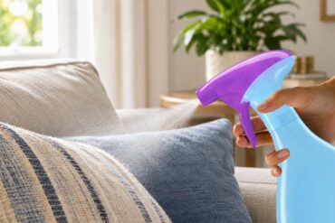 Close-up of a hand holding a light-blue and purple trigger spray bottle and spraying a fine mist onto textured blue and cream couch cushions in a bright, cozy living room. A leafy houseplant, wooden side table, curtains, and sunlit window