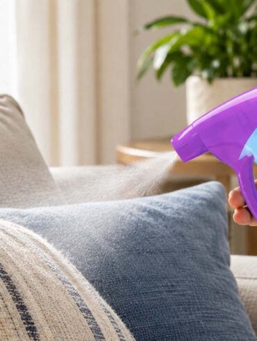 Close-up of a hand holding a light-blue and purple trigger spray bottle and spraying a fine mist onto textured blue and cream couch cushions in a bright, cozy living room. A leafy houseplant, wooden side table, curtains, and sunlit window