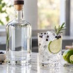 a clear gin bottle next to a gin and tonic garnished with juniper berries and a lime wheel on a marble bar top
