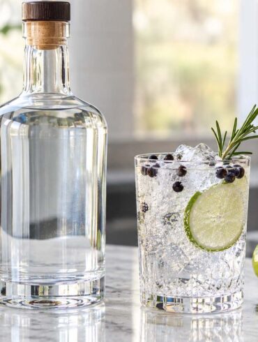 a clear gin bottle next to a gin and tonic garnished with juniper berries and a lime wheel on a marble bar top