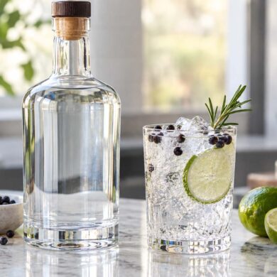 a clear gin bottle next to a gin and tonic garnished with juniper berries and a lime wheel on a marble bar top