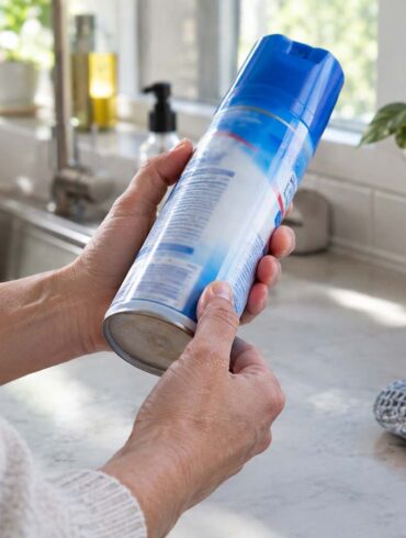 a person looking for expiration dates on the side of a can of Lysol