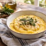 A rustic bowl of creamy golden polenta sits on a dark wooden table, topped with grated cheese, freshly cracked black pepper, olive oil, sage, and thyme. A linen napkin surrounds the bowl, with a wedge of cheese, fresh herbs, a small dish of grated cheese, an olive oil cruet, wine glass, and spoon arranged nearby in warm natural light, creating an inviting, relaxed Italian-inspired dining scene.