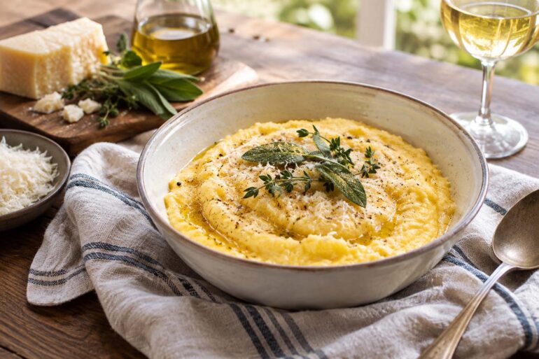 A rustic bowl of creamy golden polenta sits on a dark wooden table, topped with grated cheese, freshly cracked black pepper, olive oil, sage, and thyme. A linen napkin surrounds the bowl, with a wedge of cheese, fresh herbs, a small dish of grated cheese, an olive oil cruet, wine glass, and spoon arranged nearby in warm natural light, creating an inviting, relaxed Italian-inspired dining scene.