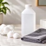 Unbranded bottle of rubbing alcohol beside cotton balls and a folded gray microfiber cloth on a clean bathroom countertop.