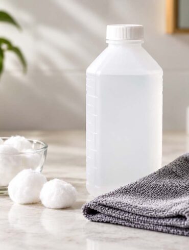 Unbranded bottle of rubbing alcohol beside cotton balls and a folded gray microfiber cloth on a clean bathroom countertop.