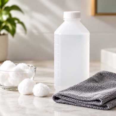 Unbranded bottle of rubbing alcohol beside cotton balls and a folded gray microfiber cloth on a clean bathroom countertop.