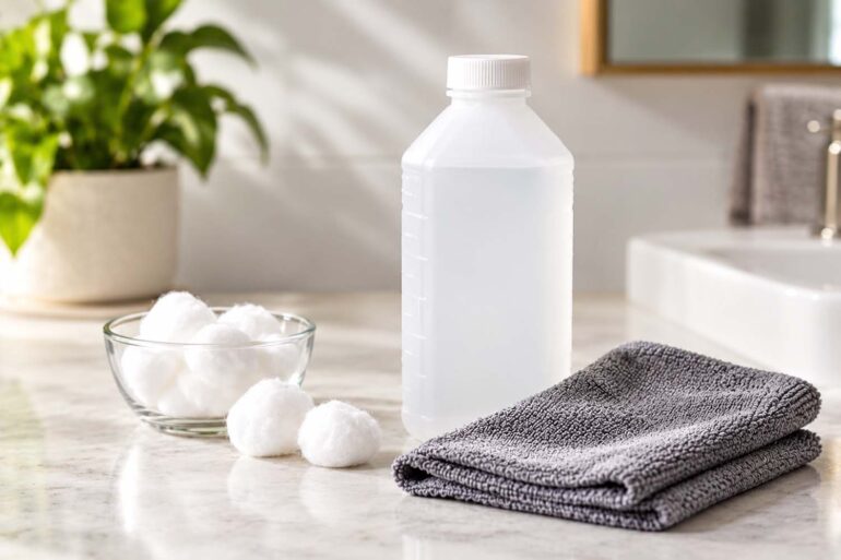 Unbranded bottle of rubbing alcohol beside cotton balls and a folded gray microfiber cloth on a clean bathroom countertop.