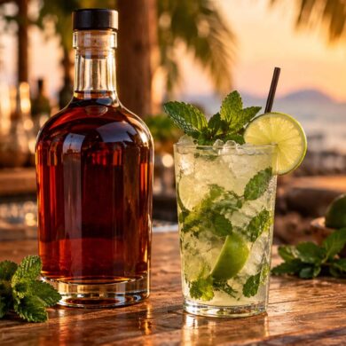 a bottle of dark rum next to a mojito cocktail with fresh mint and lime on a tropical-inspired wooden bar, warm sunset lighting, shallow depth of field, realistic, relaxed beach-bar mood