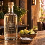 a clear glass tequila bottle standing on a rustic wooden bar next to a small dish of lime wedges and coarse salt, warm golden-hour lighting