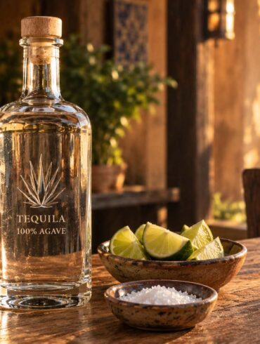 a clear glass tequila bottle standing on a rustic wooden bar next to a small dish of lime wedges and coarse salt, warm golden-hour lighting