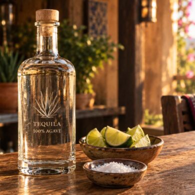 a clear glass tequila bottle standing on a rustic wooden bar next to a small dish of lime wedges and coarse salt, warm golden-hour lighting