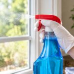 A close-up of a gloved hand spraying Windex onto a sunlit home window, with water droplets visible on the glass, greenery softly blurred outside, and a houseplant and window sill in the background.