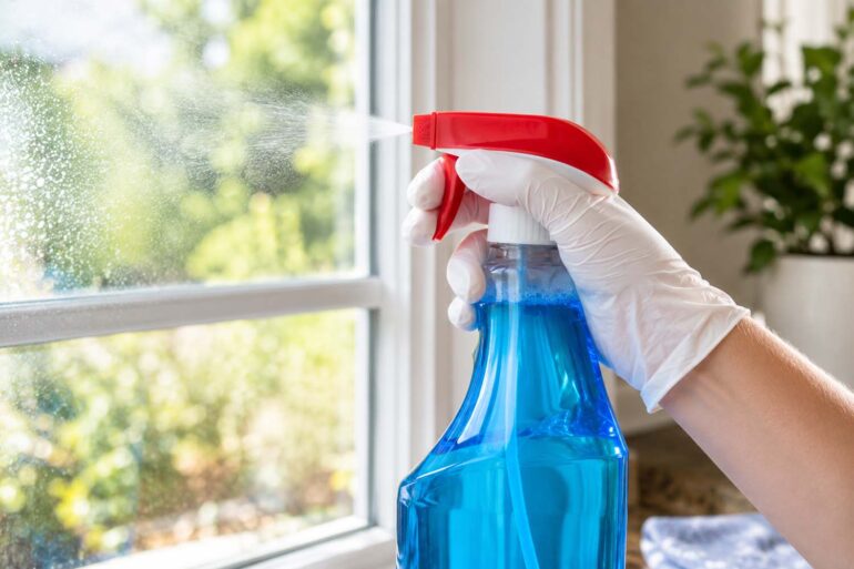 A close-up of a gloved hand spraying Windex onto a sunlit home window, with water droplets visible on the glass, greenery softly blurred outside, and a houseplant and window sill in the background.