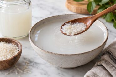 A bowl of cloudy rice water sits on a marble surface with a wooden spoon lifting soaked rice above it, alongside a glass jar of rice water and a bowl of uncooked rice.