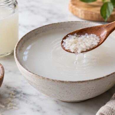 A bowl of cloudy rice water sits on a marble surface with a wooden spoon lifting soaked rice above it, alongside a glass jar of rice water and a bowl of uncooked rice.