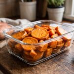 Cooked sweet potato slices and chunks in a rectangular glass storage container sitting on a wooden kitchen counter, surrounded by whole raw sweet potatoes.