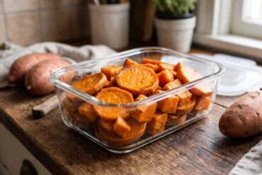 Cooked sweet potato slices and chunks in a rectangular glass storage container sitting on a wooden kitchen counter, surrounded by whole raw sweet potatoes.