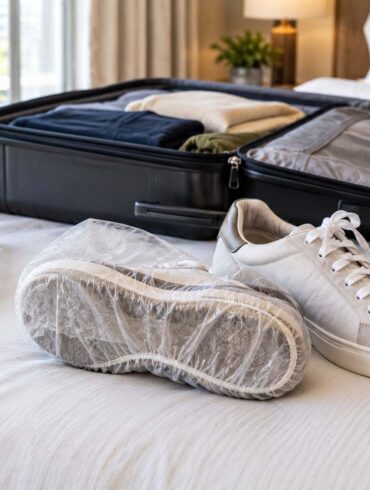 sneakers on a hotel bed, one wrapped in a shower cap, next to open luggage.