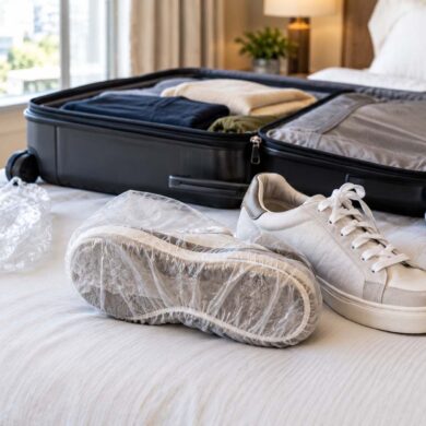 sneakers on a hotel bed, one wrapped in a shower cap, next to open luggage.