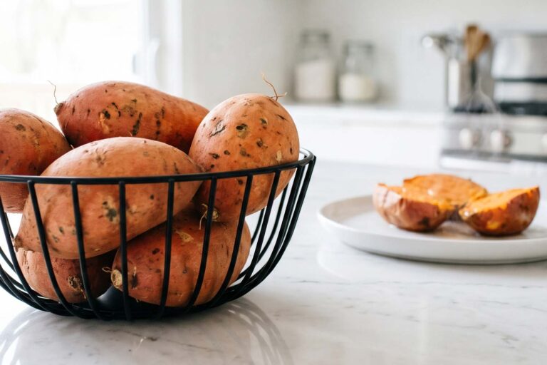 Whole raw sweet potatoes sit in a black wire basket on a bright white marble kitchen counter, with a plate of cooked, halved sweet potatoes softly blurred in the background.