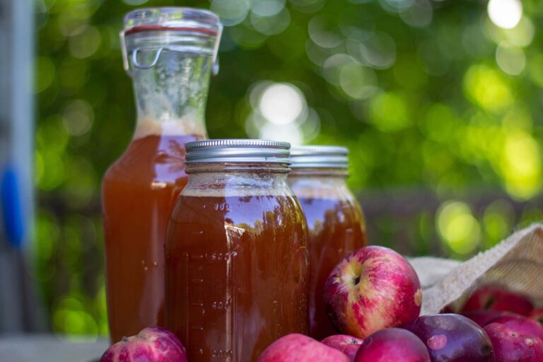 Fresh apple juice in a bottle and mason jars on a table with fresh apples around.