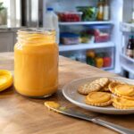 Open jar of Cheez Whiz with crackers on a kitchen counter, with an open refrigerator visible in the background.