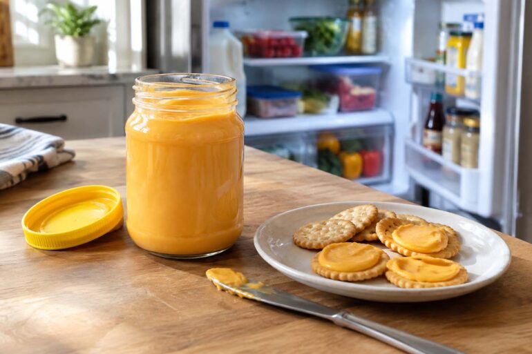 Open jar of Cheez Whiz with crackers on a kitchen counter, with an open refrigerator visible in the background.