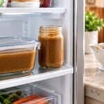 A covered container of brown gravy on a refrigerator shelf beside an opened jar of gravy