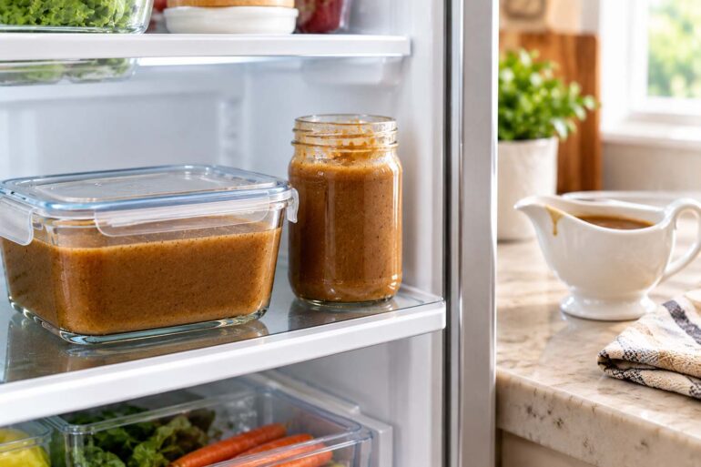 A covered container of brown gravy on a refrigerator shelf beside an opened jar of gravy