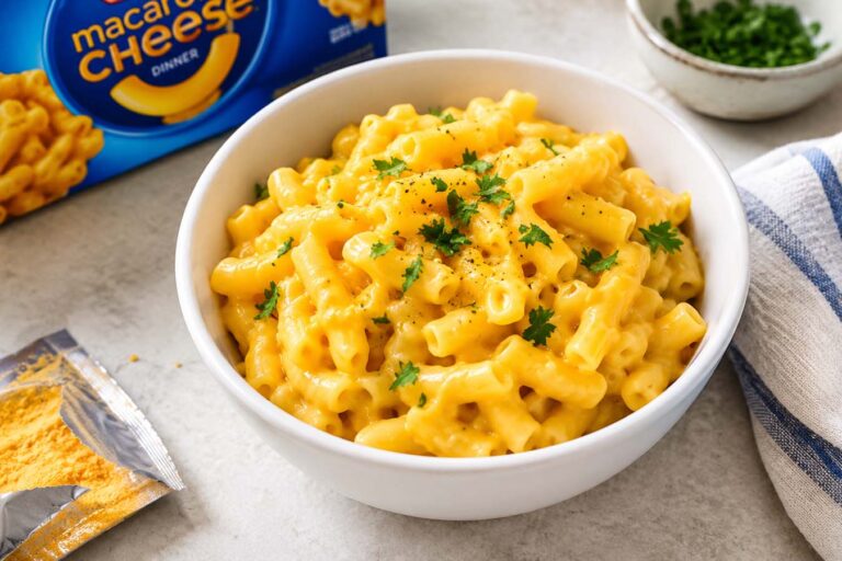 A white bowl of creamy, golden-orange Kraft macaroni and cheese topped with fresh green herbs and black pepper, with a Kraft macaroni and cheese box and an opened cheese powder packet on a light kitchen countertop nearby.